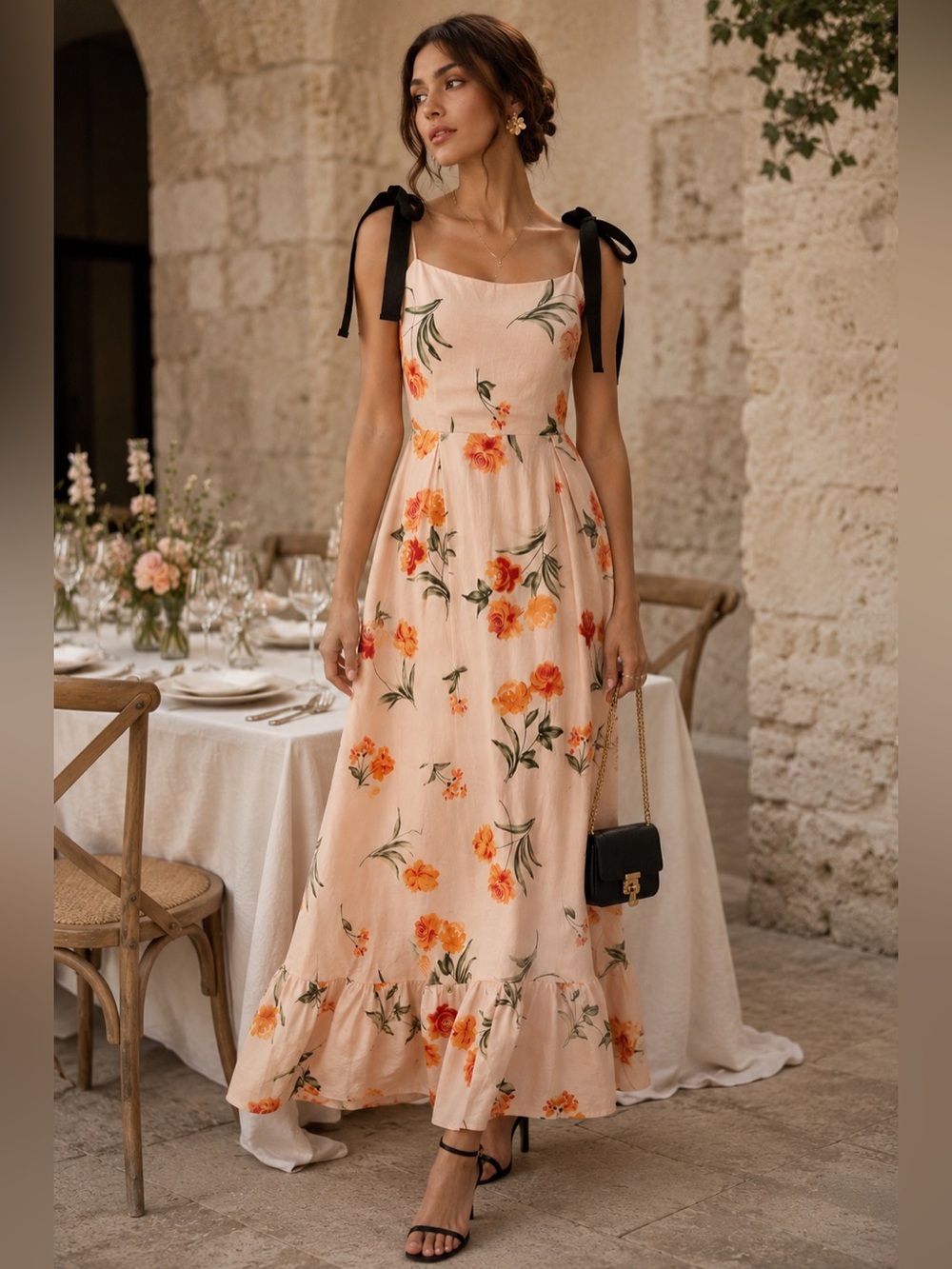 Gianni Bini Floral Tie-Shoulder Maxi Dress | Linen Blend Dress | Size Small
